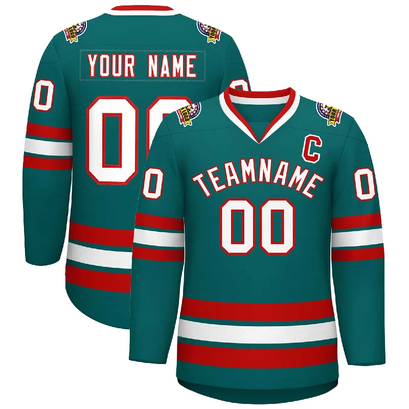 Custom Aqua White-Red Classic Style Hockey Jersey