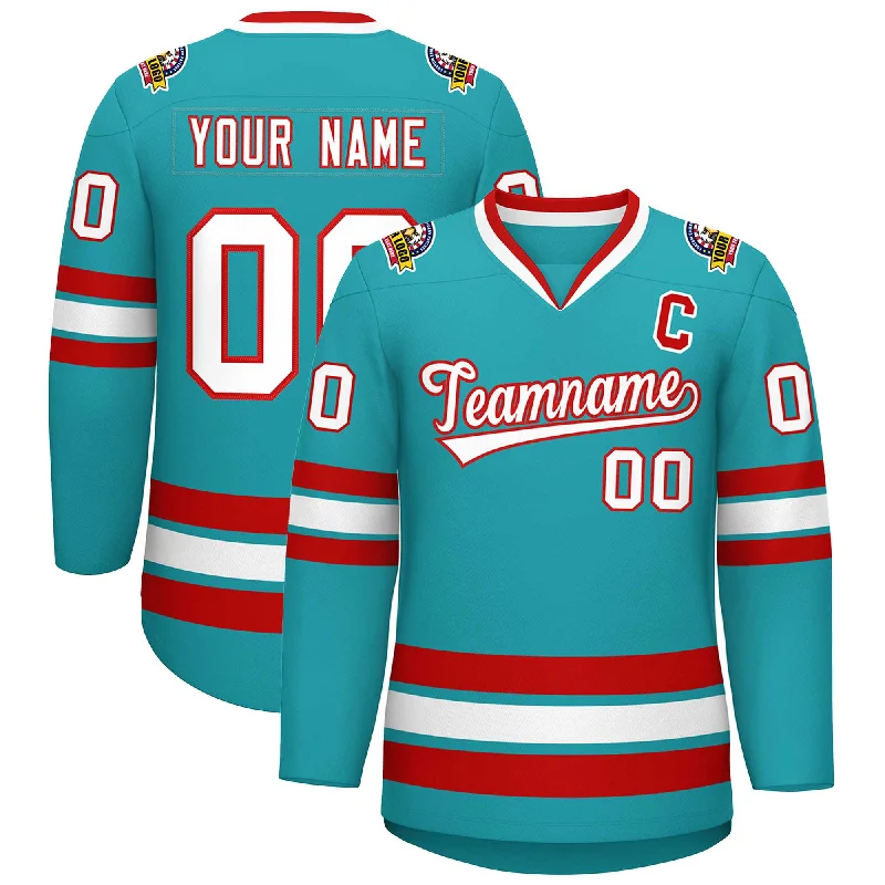 Custom Aqua White-Red Classic Style Hockey Jersey