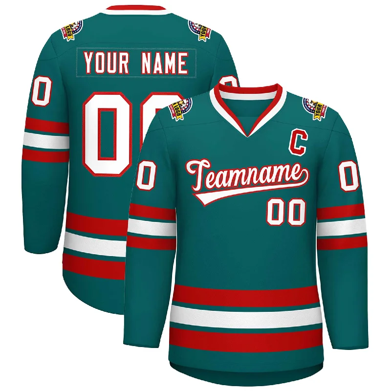 Custom Aqua White-Red Classic Style Hockey Jersey