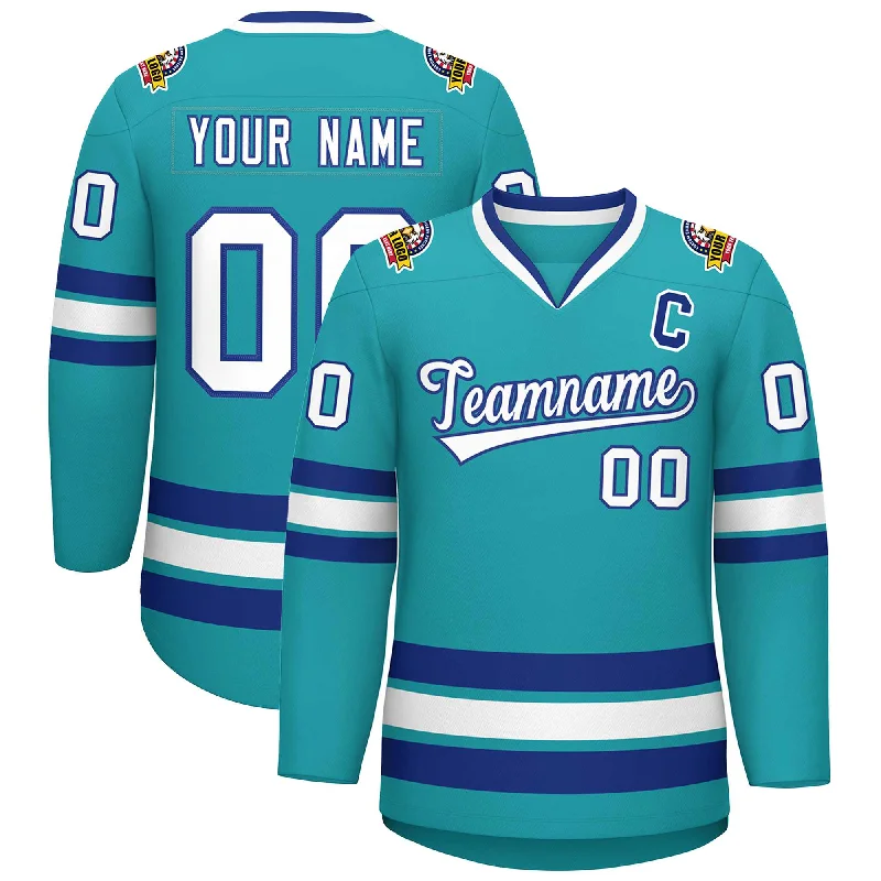 Custom Aqua White-Royal Classic Style Hockey Jersey