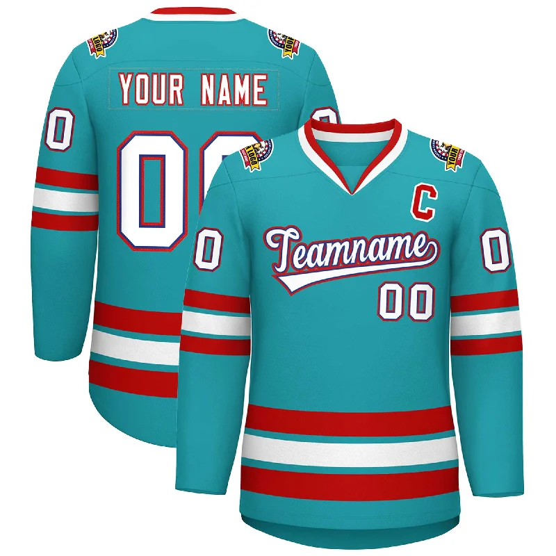 Custom Aqua White Royal-Red Classic Style Hockey Jersey