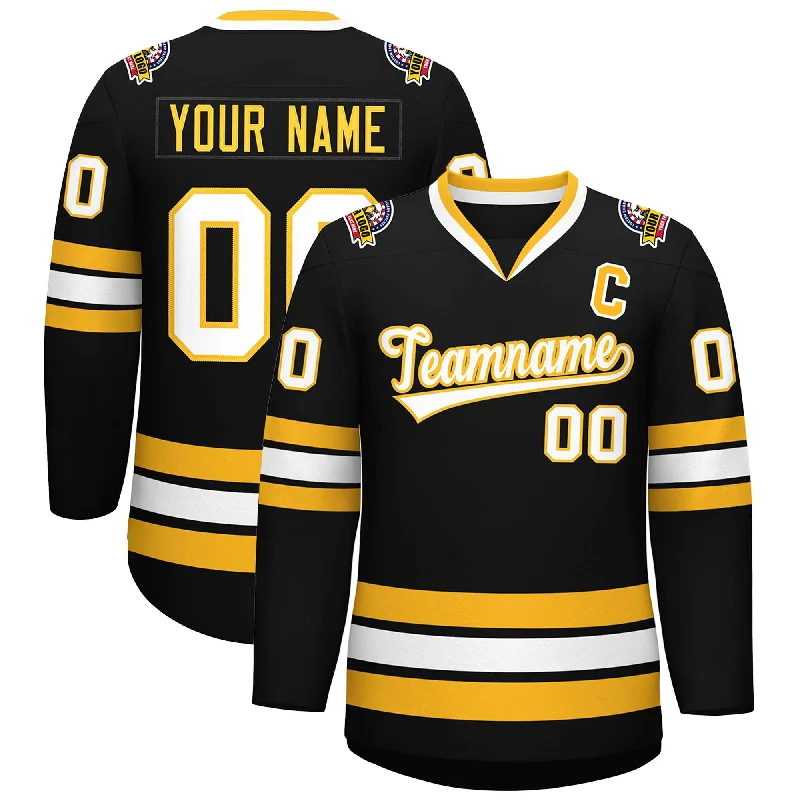 Custom Black White-Gold Classic Style Hockey Jersey