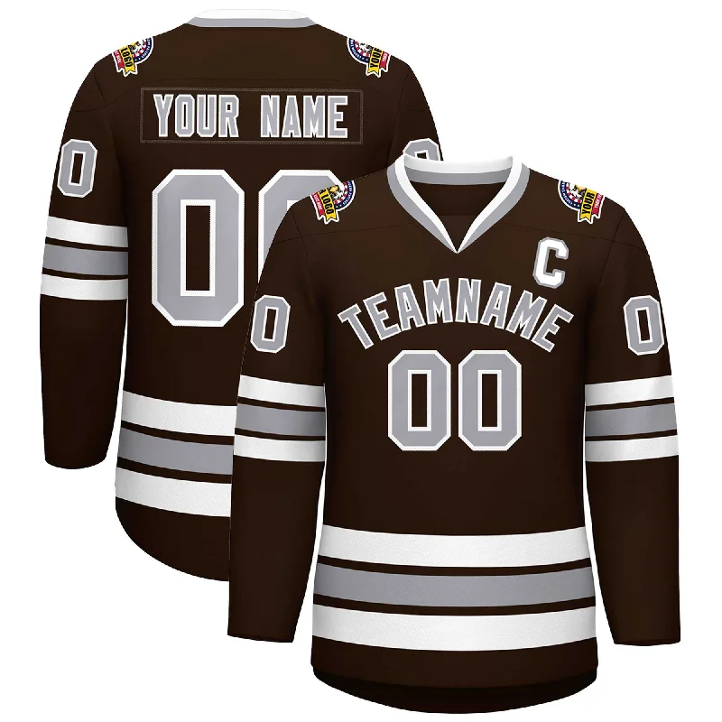 Custom Brown Gray-White Classic Style Hockey Jersey