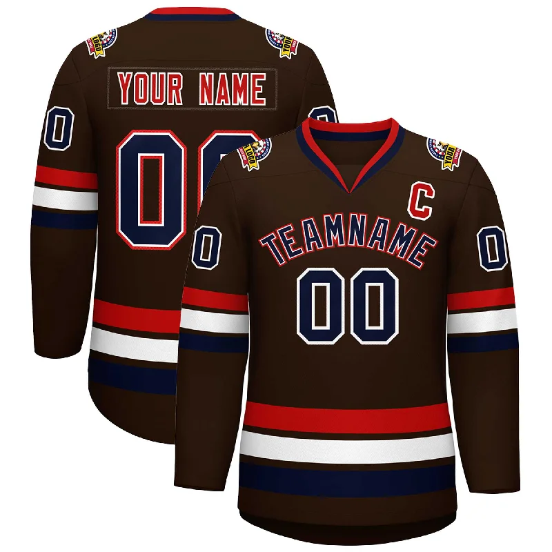 Custom Brown Navy White-Red Classic Style Hockey Jersey