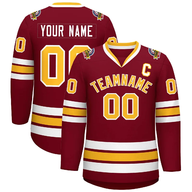 Custom Crimson Gold-White Classic Style Hockey Jersey