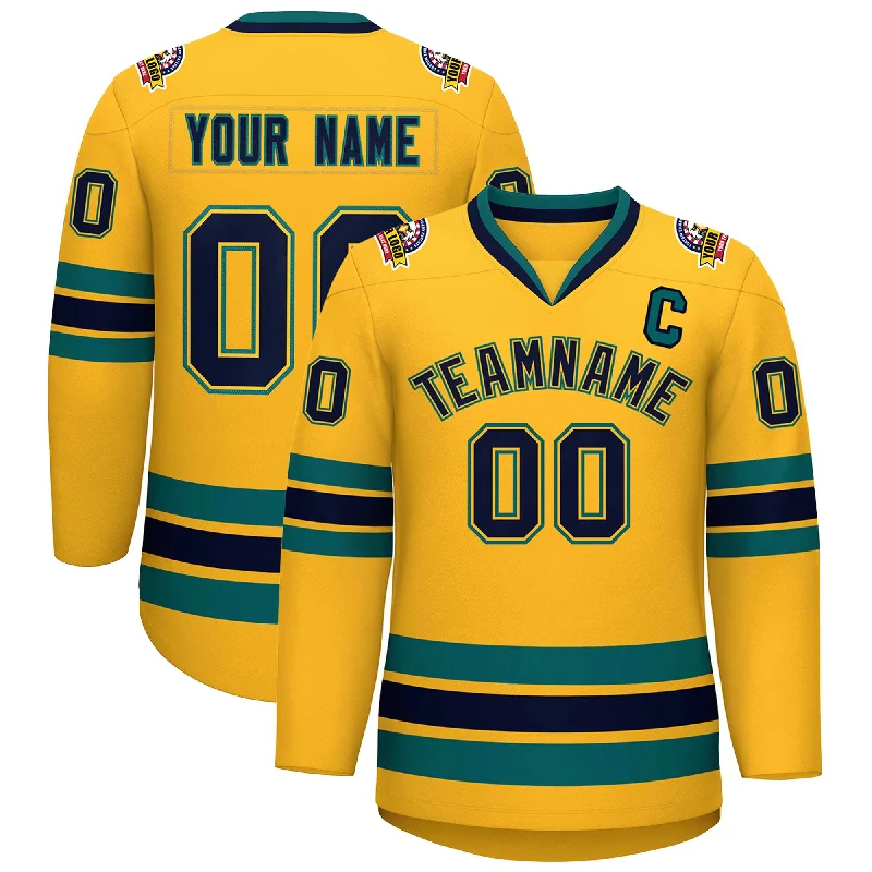 Custom Gold Navy Gold-Aqua Classic Style Hockey Jersey