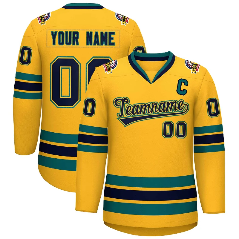 Custom Gold Navy Gold-Aqua Classic Style Hockey Jersey