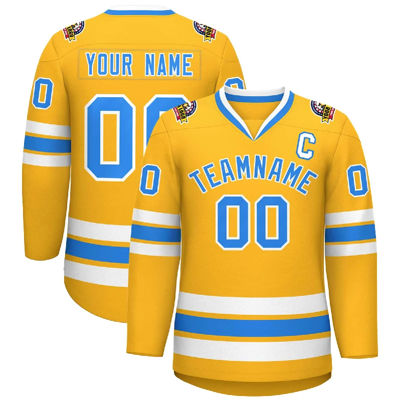 Custom Gold Powder Blue-White Classic Style Hockey Jersey