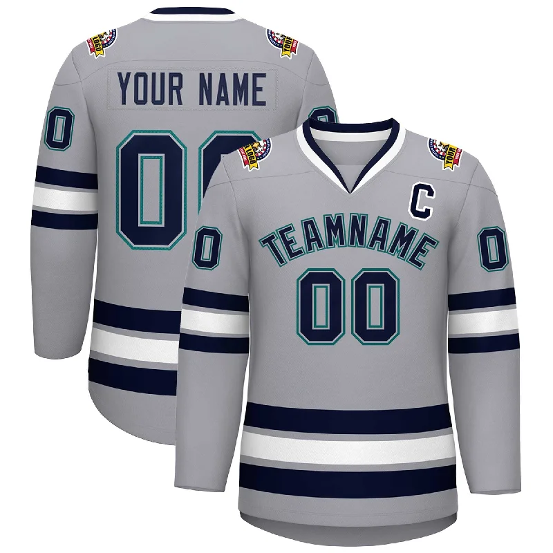 Custom Gray Navy Gray-Aqua Classic Style Hockey Jersey