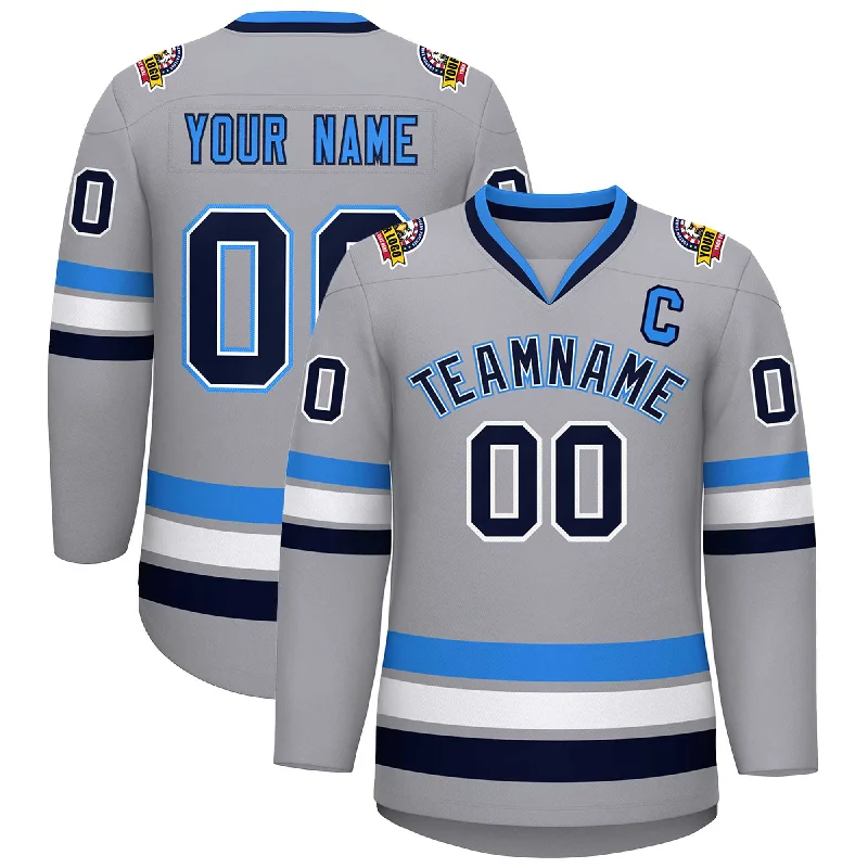 Custom Gray Navy White-Powder Blue Classic Style Hockey Jersey