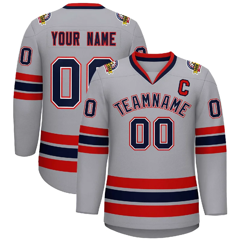 Custom Gray Navy White-Red Classic Style Hockey Jersey