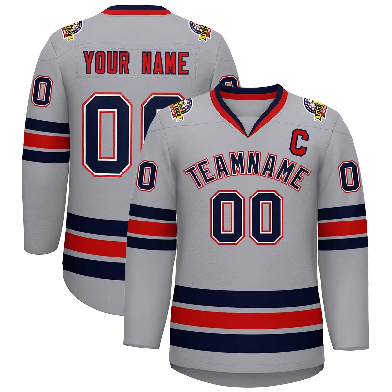 Custom Gray Navy White-Red Classic Style Hockey Jersey