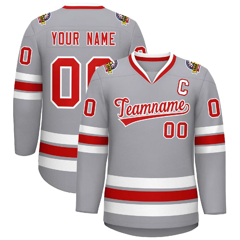 Custom Gray Red-White Classic Style Hockey Jersey