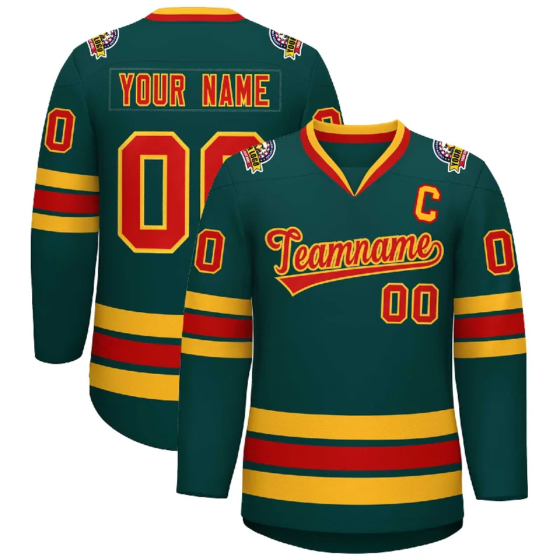 Custom Midnight Green Red-Gold Classic Style Hockey Jersey