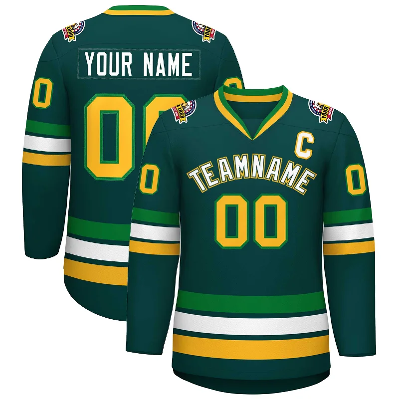 Custom Midnight Green White Kelly Green-Gold Classic Style Hockey Jersey