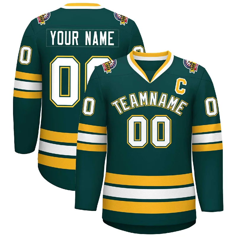 Custom Midnight Green White Olive-Gold Classic Style Hockey Jersey