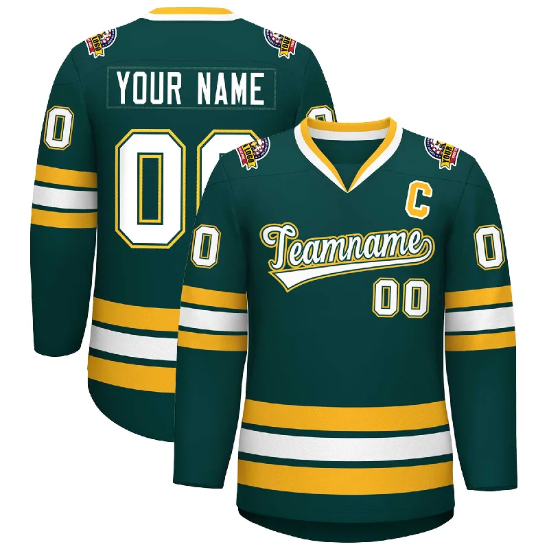 Custom Midnight Green White Olive-Gold Classic Style Hockey Jersey