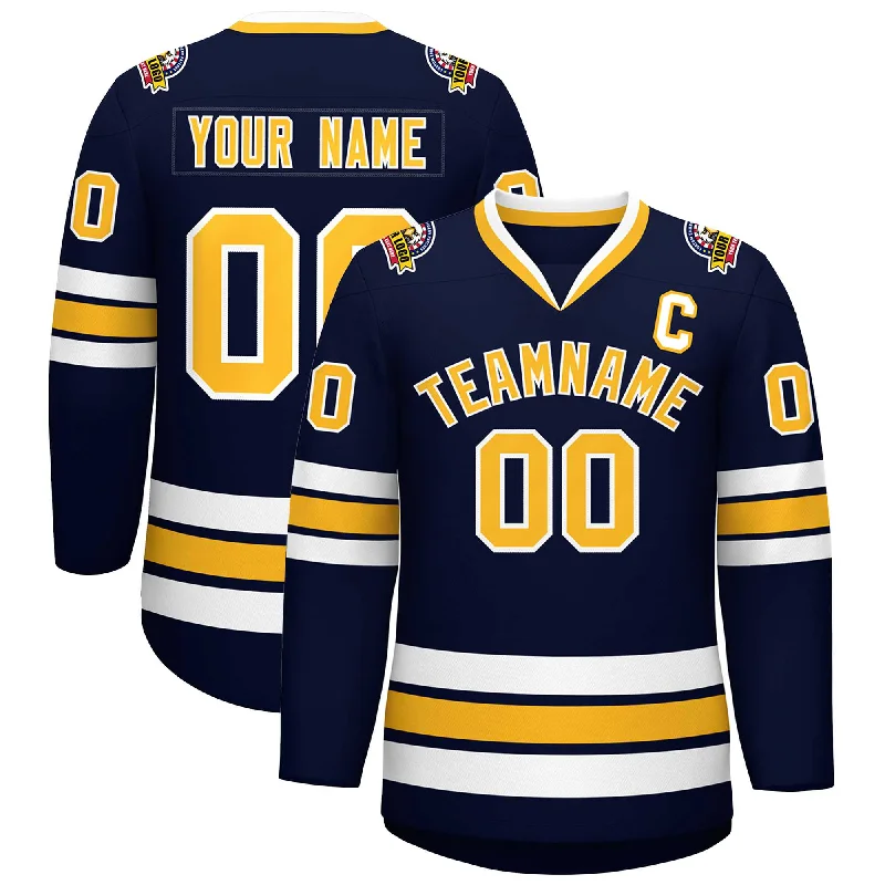 Custom Navy Gold-White Classic Style Hockey Jersey