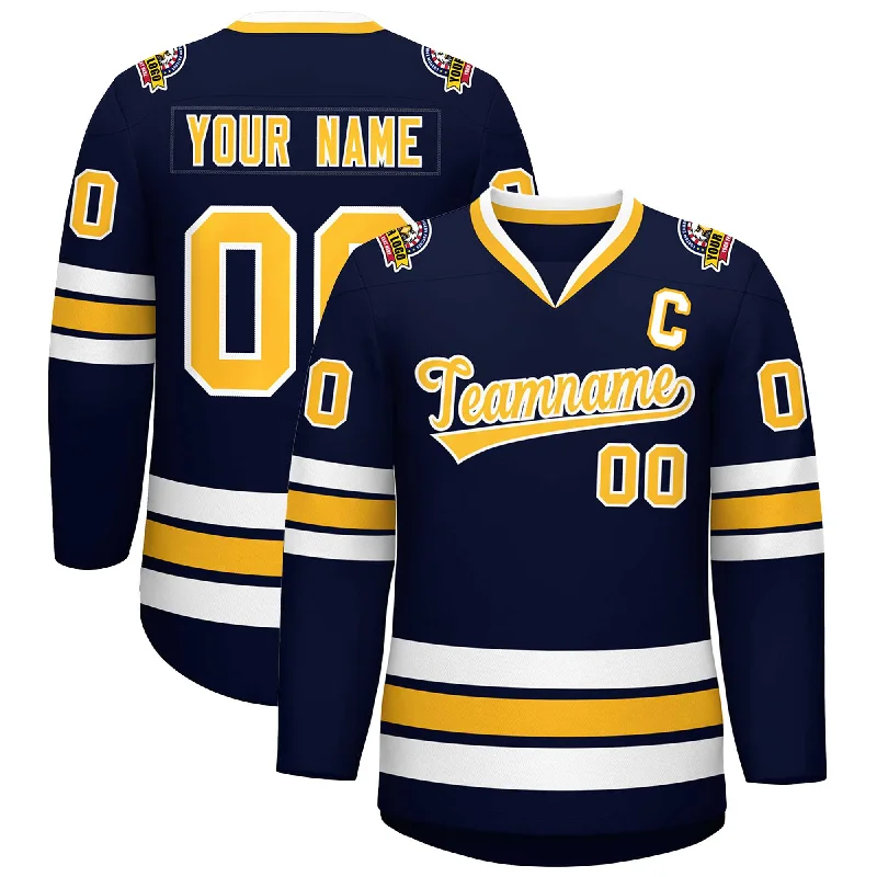 Custom Navy Gold-White Classic Style Hockey Jersey