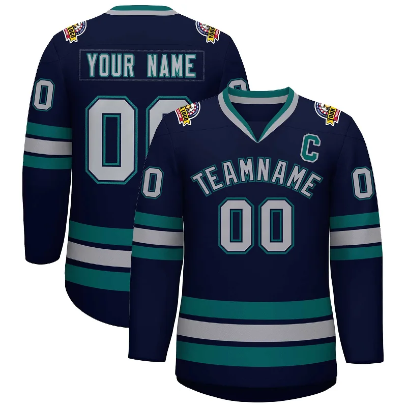 Custom Navy Gray Navy-Aqua Classic Style Hockey Jersey