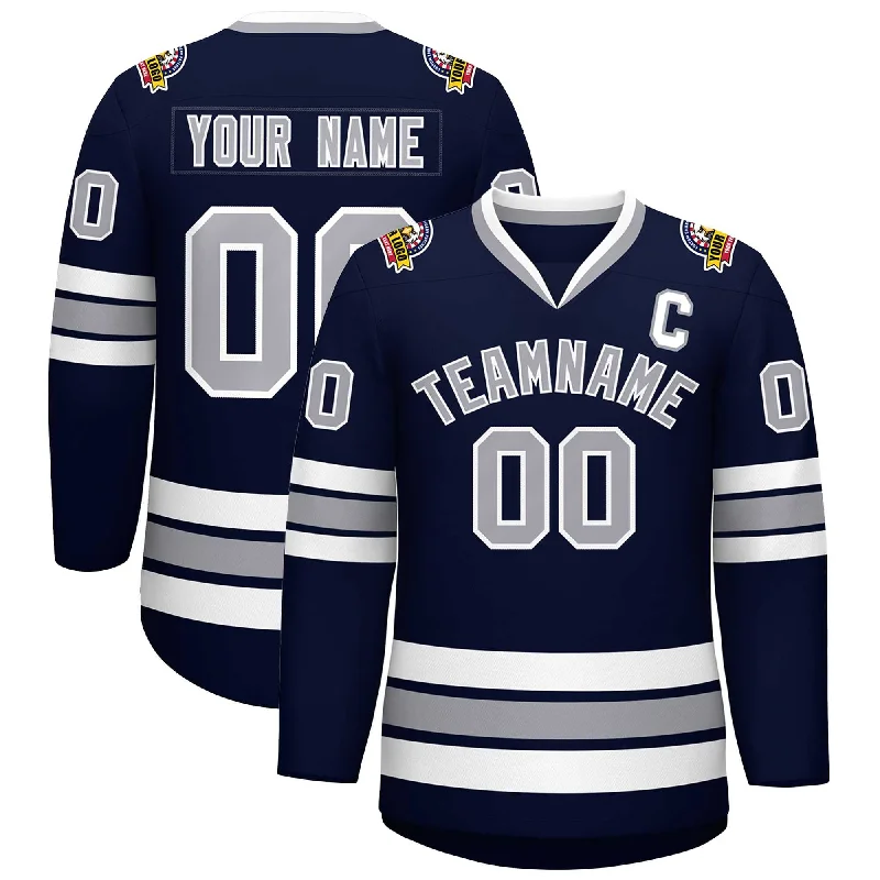 Custom Navy Gray-White Classic Style Hockey Jersey