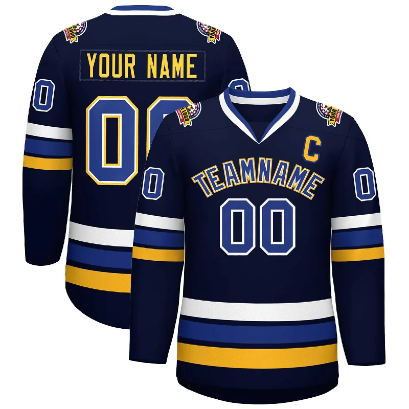 Custom Navy Royal White-Gold Classic Style Hockey Jersey