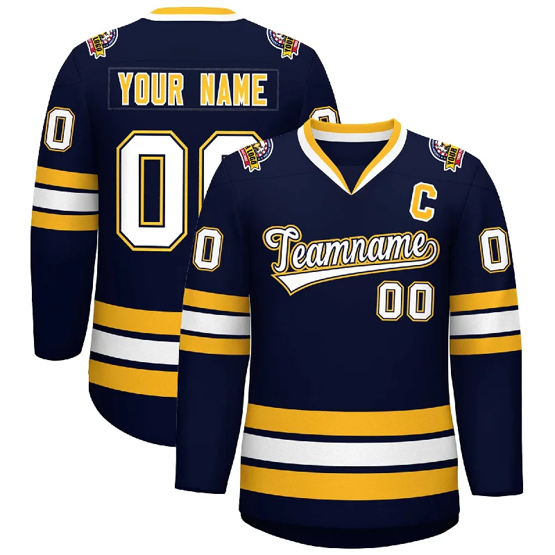 Custom Navy White Navy-Gold Classic Style Hockey Jersey