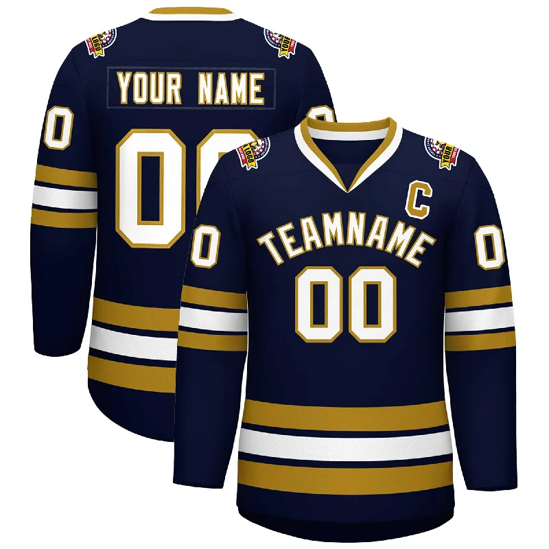 Custom Navy White-Old Gold Classic Style Hockey Jersey