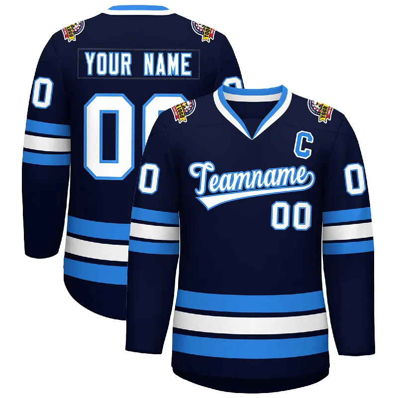 Custom Navy White-Powder Blue Classic Style Hockey Jersey