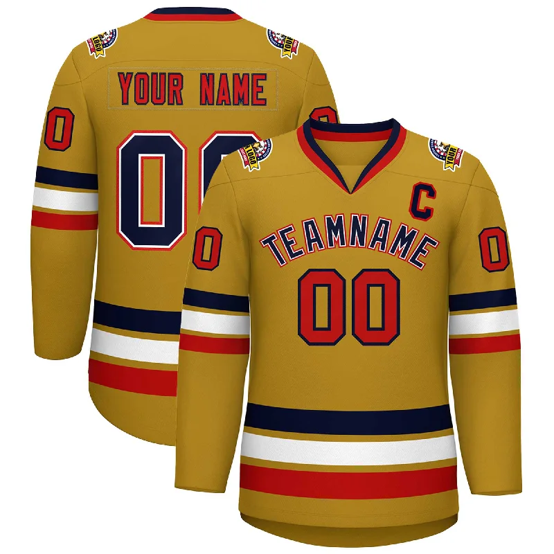 Custom Old Gold Navy White-Red Classic Style Hockey Jersey