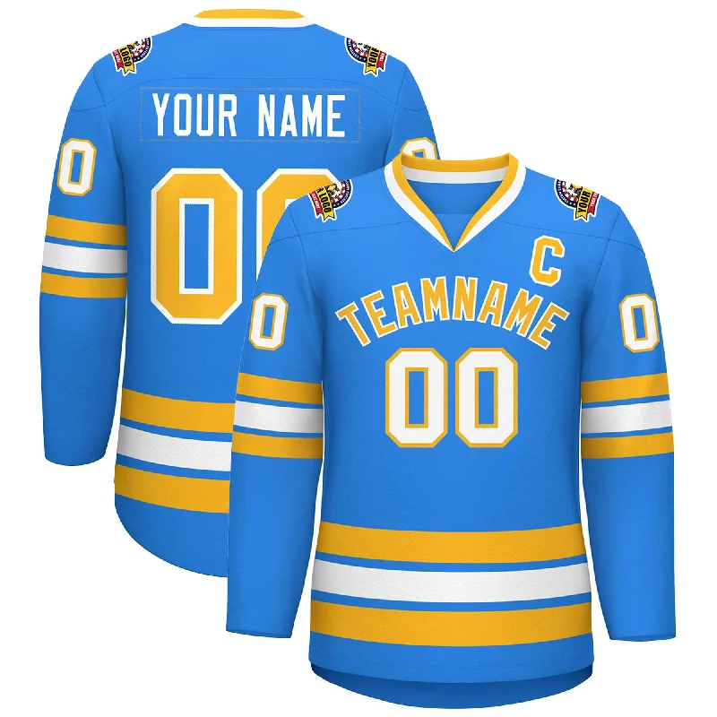 Custom Powder Blue Gold-White Classic Style Hockey Jersey