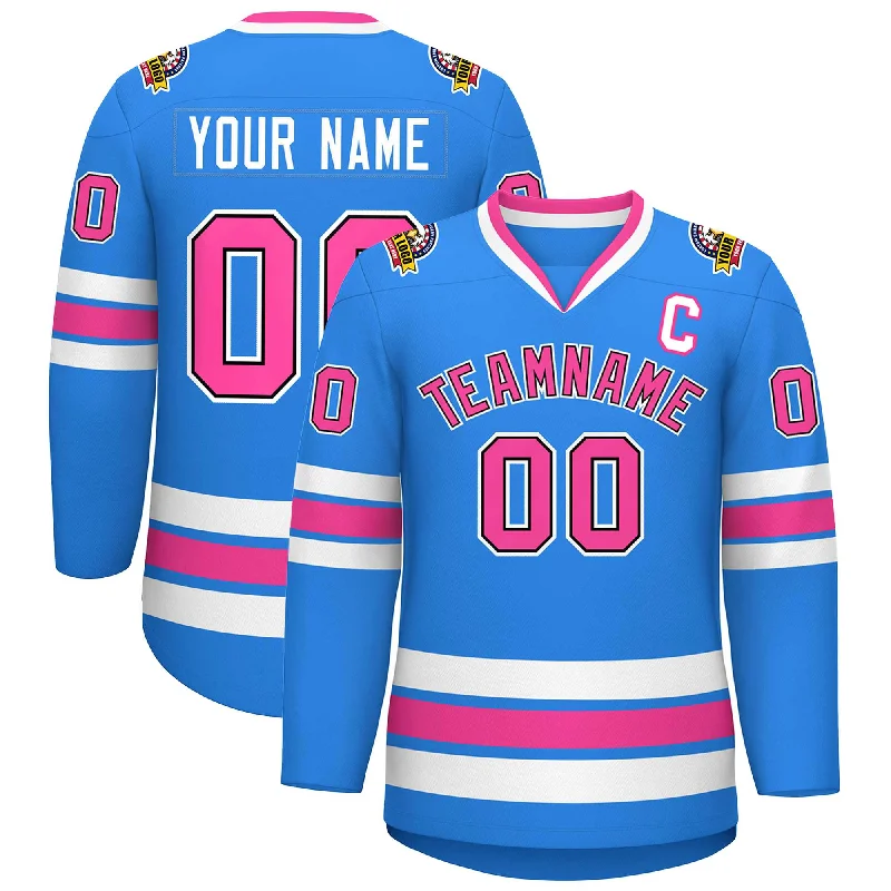 Custom Powder Blue Pink Black-White Classic Style Hockey Jersey