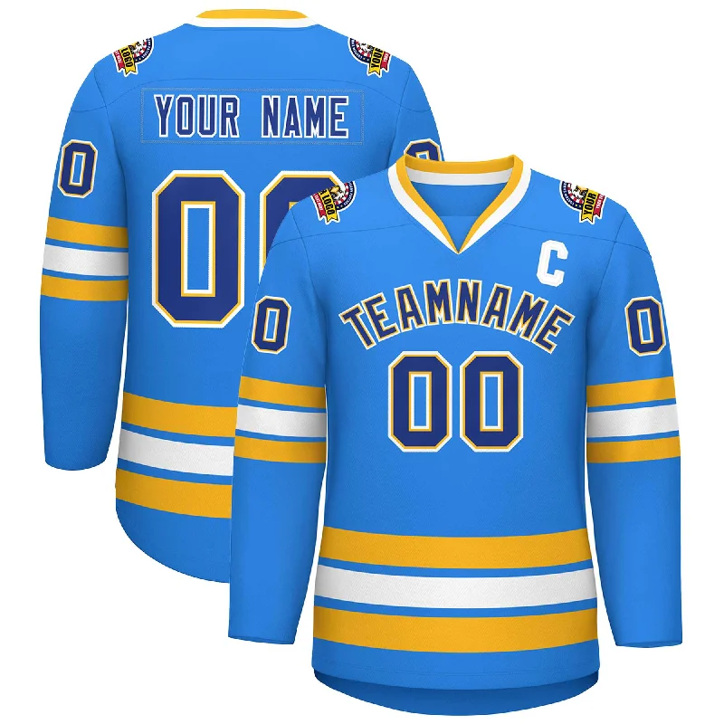 Custom Powder Blue Royal Gold-White Classic Style Hockey Jersey