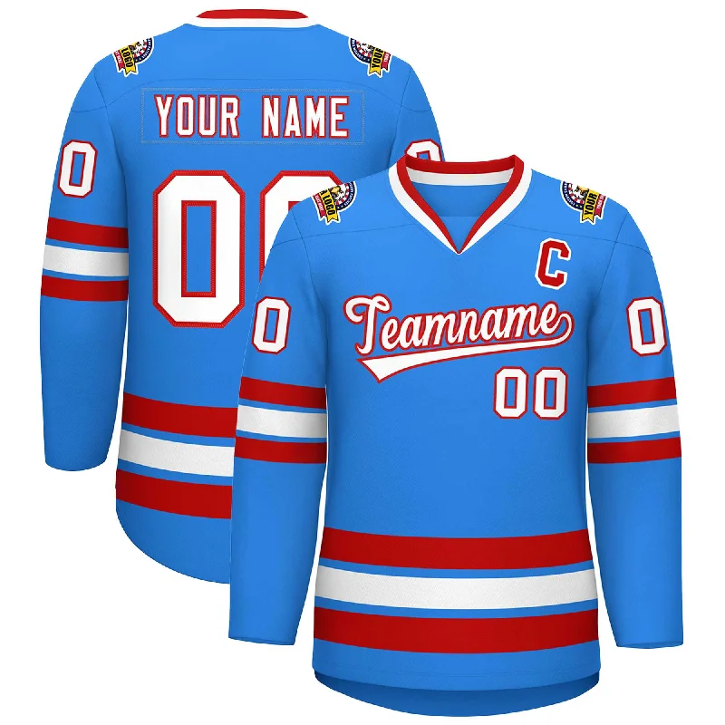 Custom Powder Blue White-Red Classic Style Hockey Jersey