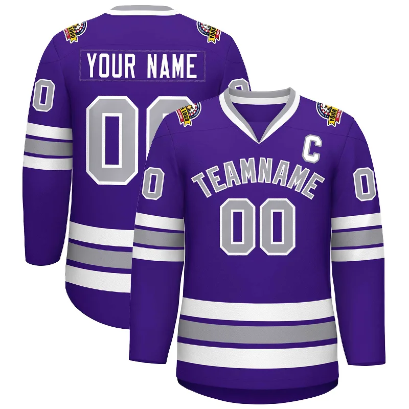 Custom Purple Gray-White Classic Style Hockey Jersey