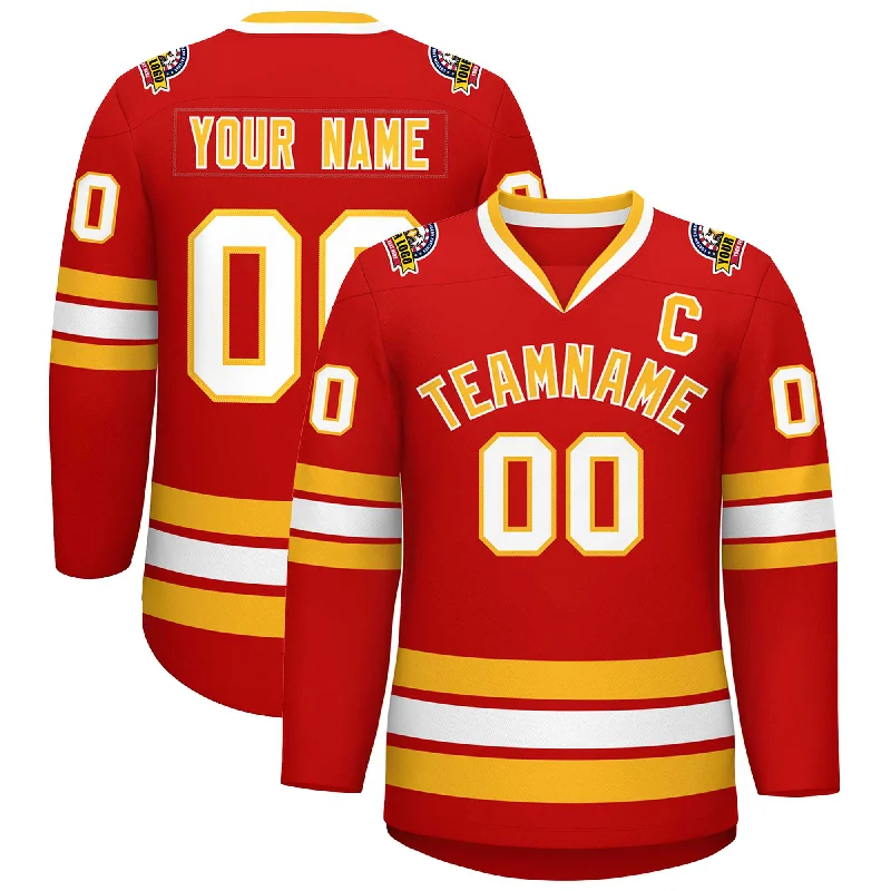 Custom Red Gold-White Classic Style Hockey Jersey