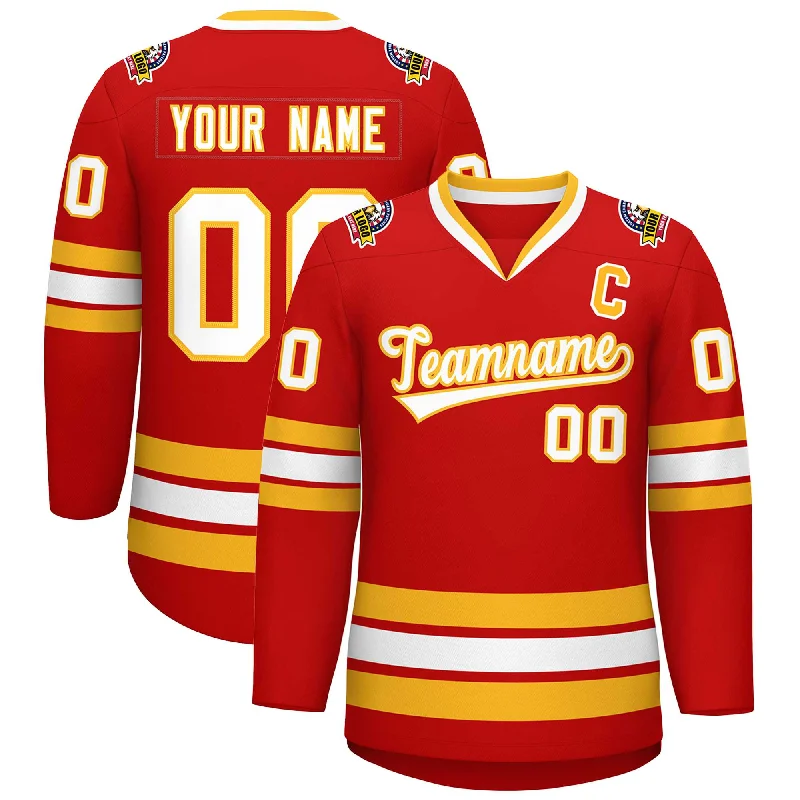 Custom Red White-Gold Classic Style Hockey Jersey