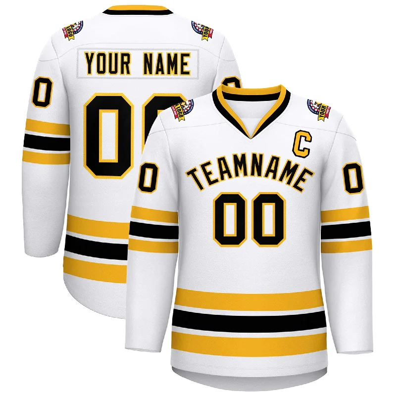 Custom White Black-Gold Classic Style Hockey Jersey