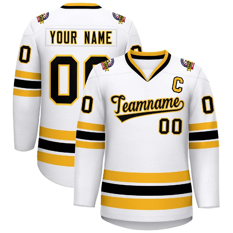 Custom White Black-Gold Classic Style Hockey Jersey