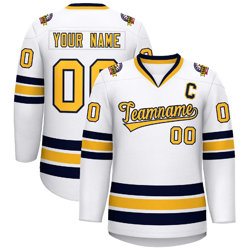 Custom White Gold-Navy Classic Style Hockey Jersey