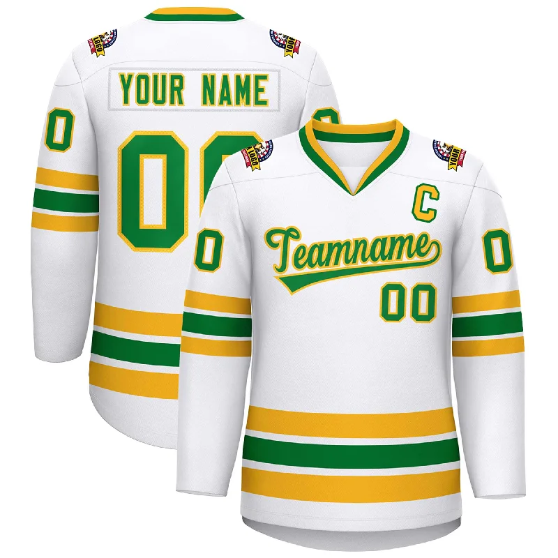 Custom White Kelly Green-Gold Classic Style Hockey Jersey