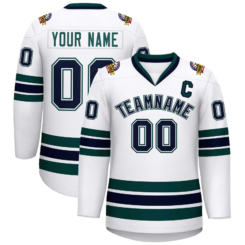 Custom White Navy White-Midnight Green Classic Style Hockey Jersey