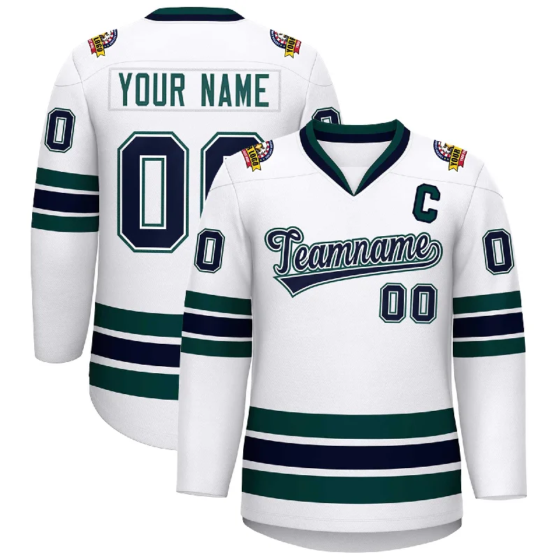 Custom White Navy White-Midnight Green Classic Style Hockey Jersey