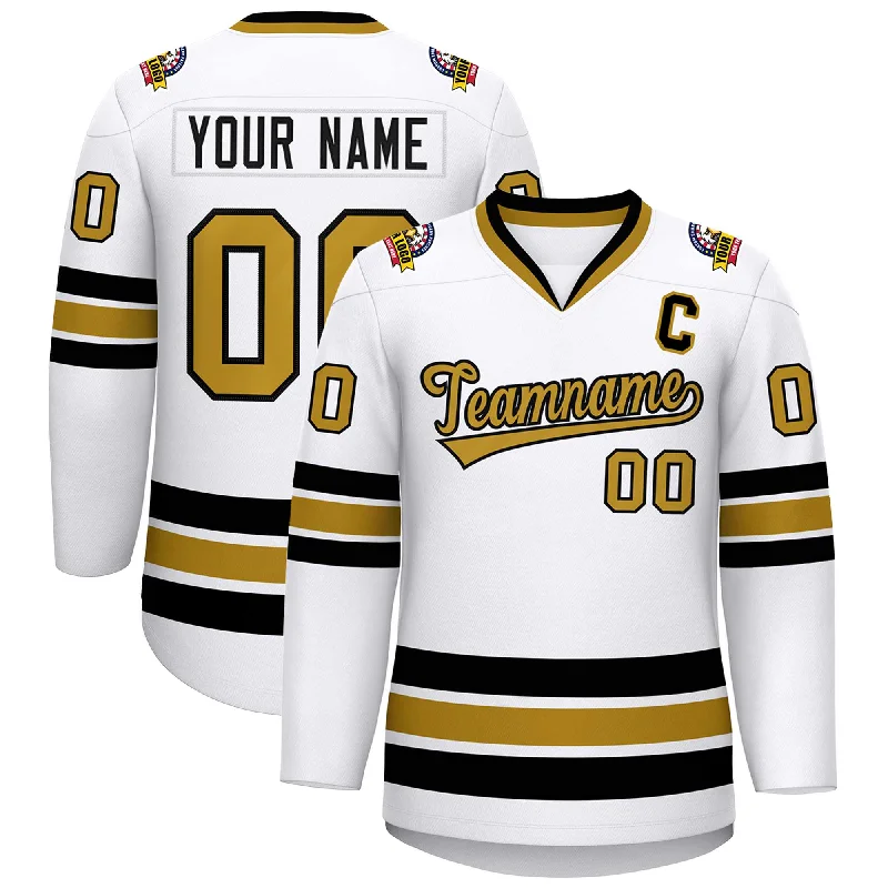 Custom White Old Gold-Black Classic Style Hockey Jersey