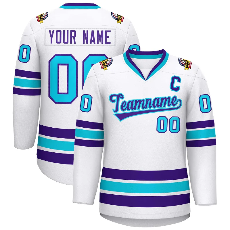 Custom White Purple-Powder Blue Classic Style Hockey Jersey